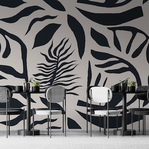Shapes Wallpaper Black and White Peel and Stick Leaves Wall Mural Minimalist Wall Art