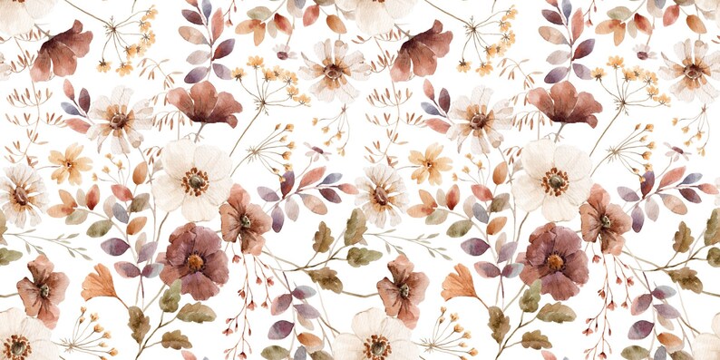 Puede incluir: Un patr&oacute;n sin costuras con ilustraciones de acuarela de varias flores y follaje en tonos marrones, beige y morados. Las flores est&aacute;n dispuestas en un patr&oacute;n aleatorio sobre un fondo blanco.