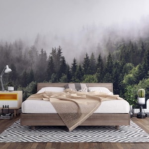 Realistic Looking Foggy Forest Landscape Wallpaper / Nature Wallpaper /  /  Wall Decor / House Design / Removable Wallpaper