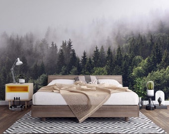 Realistic Looking Foggy Forest Landscape Wallpaper / Nature Wallpaper /  /  Wall Decor / House Design / Removable Wallpaper