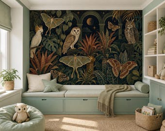 Uilenbehang met motten en maanverlichte bogen voor de slaapkamer