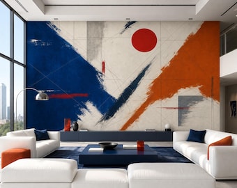 Bauhaus-behang voor de woonkamer met geometrisch zonmotief.