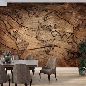 Houten wereldkaart behang / Reliëf uitziend behang / Luxe behang / Zelfklevend behang / Peel-and-Stick-behang / Verwijderbaar