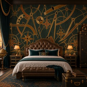 May include: A bedroom featuring a tufted brown leather headboard and matching bench, dark teal curtains, and a wall mural displaying gold navigational compasses and geometric drafting tools on a dark teal background with two bedside lamps.