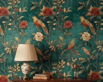 Papel pintado floral vintage con pájaros, autoadhesivo y extraíble, estilo oriental, doble rollo.