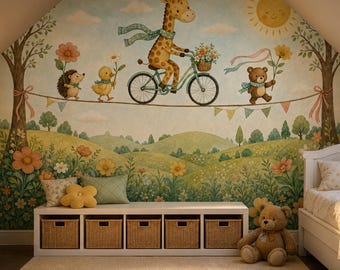 Giraffebehang met fiets en weidescène voor de babykamer of slaapkamer.