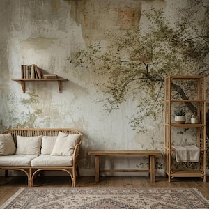 Puede incluir: Un salón acogedor con un sofá de ratán con cojines color crema, un banco de madera y una estantería de varios niveles. Una alfombra estampada y un mural con diseño de árbol completan el espacio. Hay libros en una estantería de madera.