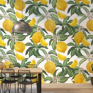 Fresh Lemons on Branch Peel and Stick Wallpaper / Lemon Fruits Wallpaper / Kitchen Wallpaper / Cafe Wallpaper /  Wallpaper