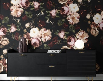 Carta da parati floreale scura con bouquet di fiori neri e grandi peonie, murale vintage staccabile e attaccabile