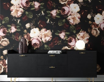 Dark Floral Blossom Black Flowers Bouquet Large Peony Wallpaper Vintage Peel and Stick Wall Mural