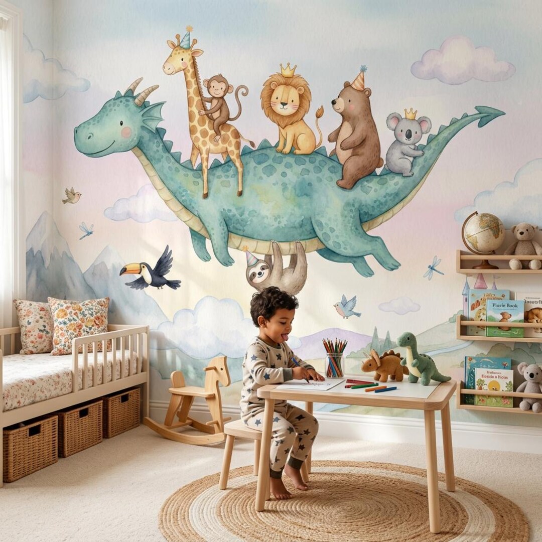 Dragon Wallpaper Whimsical Storybook Mural for Kids Bedroom Decor - Etsy