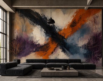 Oranjeblauw behang voor de woonkamer met abstract penseelstreekontwerp