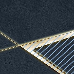 May include: Abstract geometric design with a dark blue background and gold lines. The lines form a triangle with a pattern of light blue lines inside.