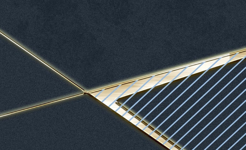 May include: Abstract geometric design with a dark blue background and gold lines. The lines form a triangle with a pattern of light blue lines inside.