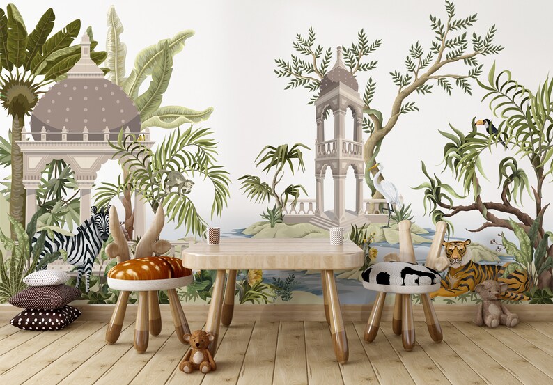 May include: A children's playroom with a jungle-themed mural featuring a white zebra, a tiger, a toucan, and a white bird. The room has a wooden table and two wooden chairs with animal-themed cushions.