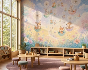 Dierenbehang met dromerige hemel voor de kinderkamer