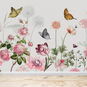 May include: A floral wallpaper design featuring pink roses, tulips, and other flowers with butterflies in shades of yellow, brown, and gray against a white background.