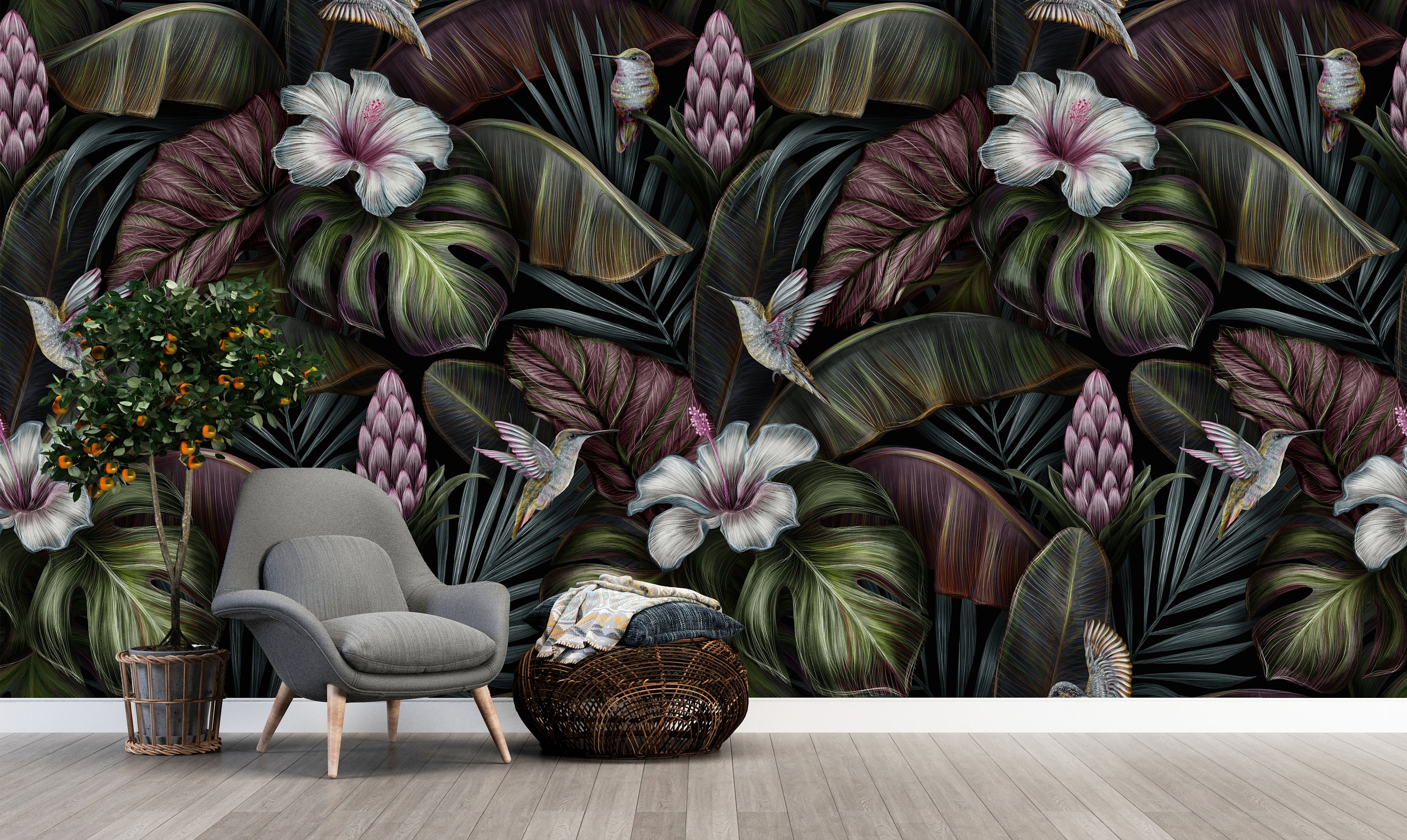 Exotische Pflanzen Wallpaper Dunkler Hintergrund Peel and Stick Blätter Wandbild Cocourals Art