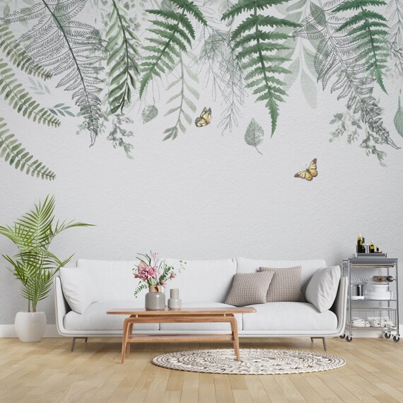 Plants Hanging From Above Wallpaper / Green Plants Wallpaper / Exotic Leaves Wallpaper / Floral Wallpaper /  Peel & Stick Wallpaper