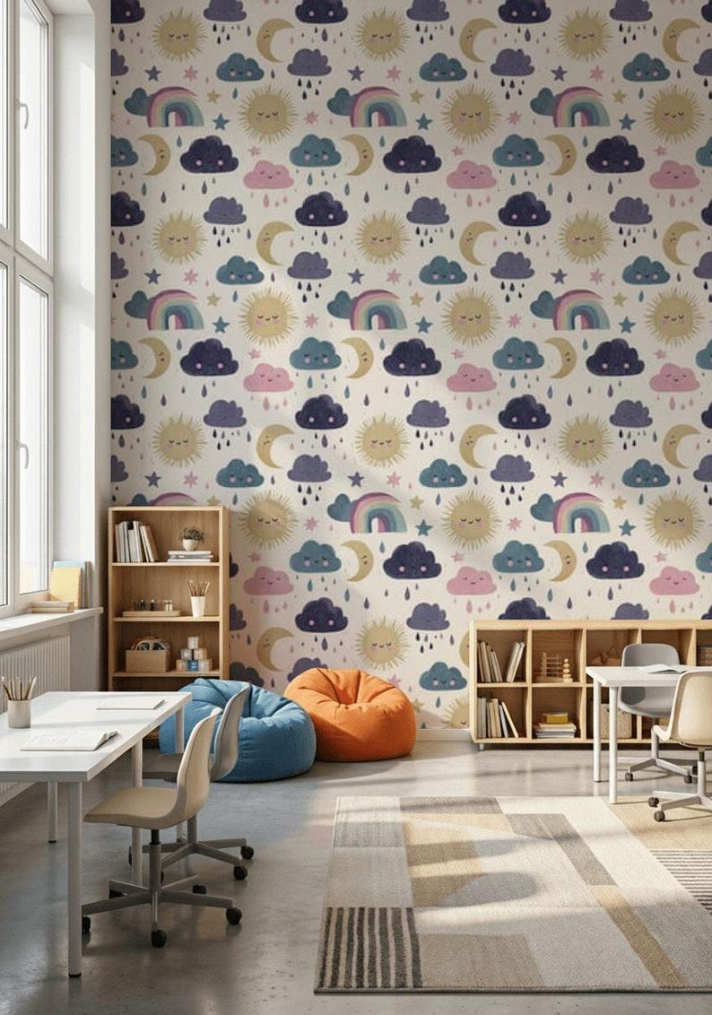 Nursery Wallpaper Cute Clouds Removable Peel and Stick Sun and Moon ...