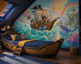 Piratenschipbehang voor een vrolijke kinderkamer.