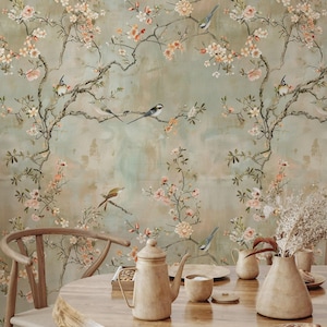 Cherry Blossom Wallpaper Chinoiserie Birds and Flowers, Soft Pastel Background, Elegant Botanical Wall Mural