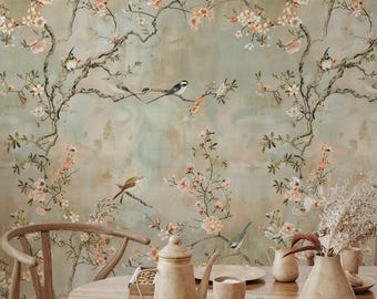 Kersenbloesembehang Chinoiserie vogels en bloemen, zachte pastelachtergrond, elegante botanische muurschildering