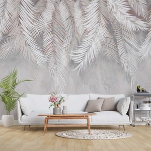 Pianta di palma Areka astratta su sfondo grigio Carta da parati decorativa di lusso Autoadesiva Peel and Stick Decorazione murale Design della casa Rimovibile