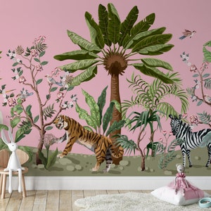 May include: A pink wall mural with a jungle scene featuring a tiger, zebra, birds, and various plants. The mural is set against a pink background and includes a variety of green foliage.