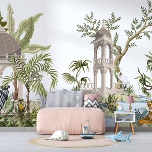 May include: A whimsical jungle mural featuring a zebra, tiger, toucan, and monkey, with two ornate structures and lush greenery. The mural is displayed in a child's room with a pink daybed, a blue whale toy, and a blue shark toy.