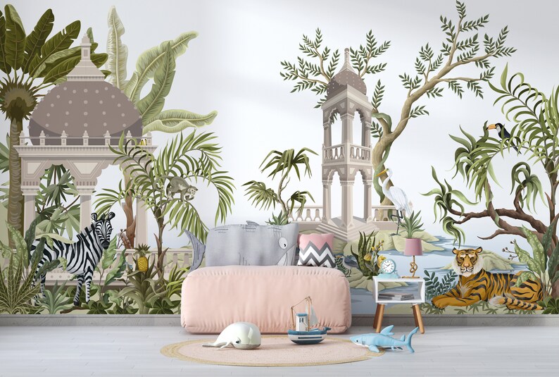 May include: A whimsical jungle mural featuring a zebra, tiger, toucan, and monkey, with two ornate structures and lush greenery. The mural is displayed in a child's room with a pink daybed, a blue whale toy, and a blue shark toy.
