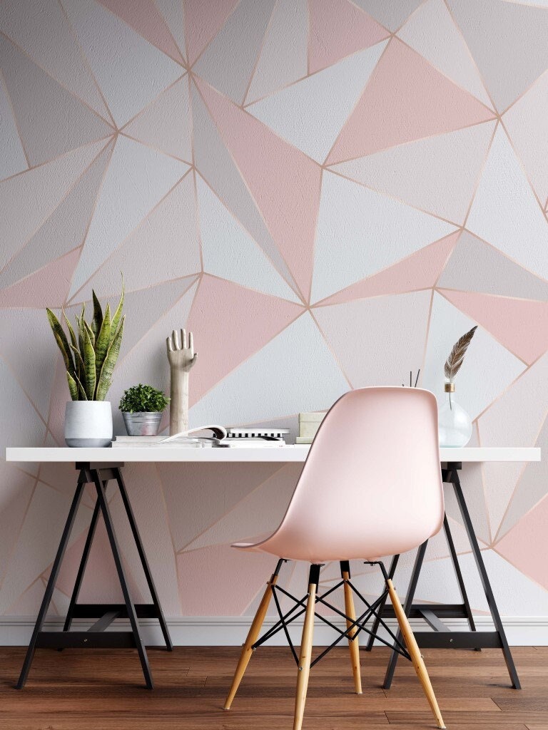 Pink Gray White Triangles Wallpaper / Geometric Shapes Etsy