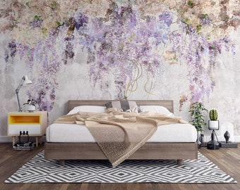 Lilac Flowers Wallpaper Floral Peel and Stick Vintage Wall Mural Grunge Background Wall Decor Wildflower Wall Art