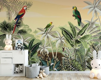 Parrot Wallpaper / Green Plants Wallpaper / Tropical Forest Wallpaper /  Peel & Stick Wallpaper / Removable / Nursery