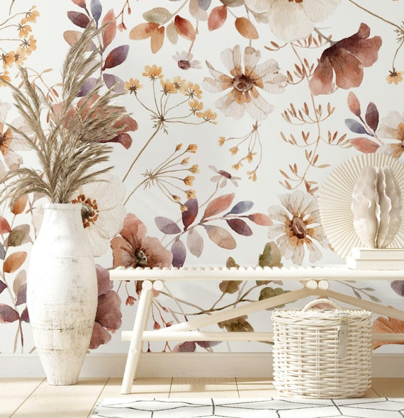 Autumnal Fall Hand Drawn Watercolor Floral Wallpaper Mural