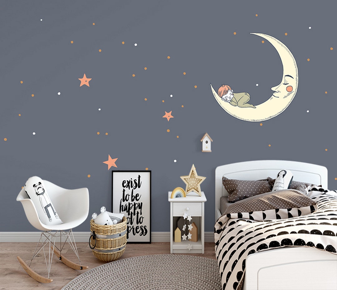 Moon Wallpaper Stars Wall Mural Kids Room Peel and Stick Nursery Wall ...