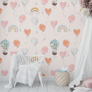 Carta da parati con palloncino ad acquerello, cuore arcobaleno, stacca e attacca per la stanza dei bambini, murale da parete