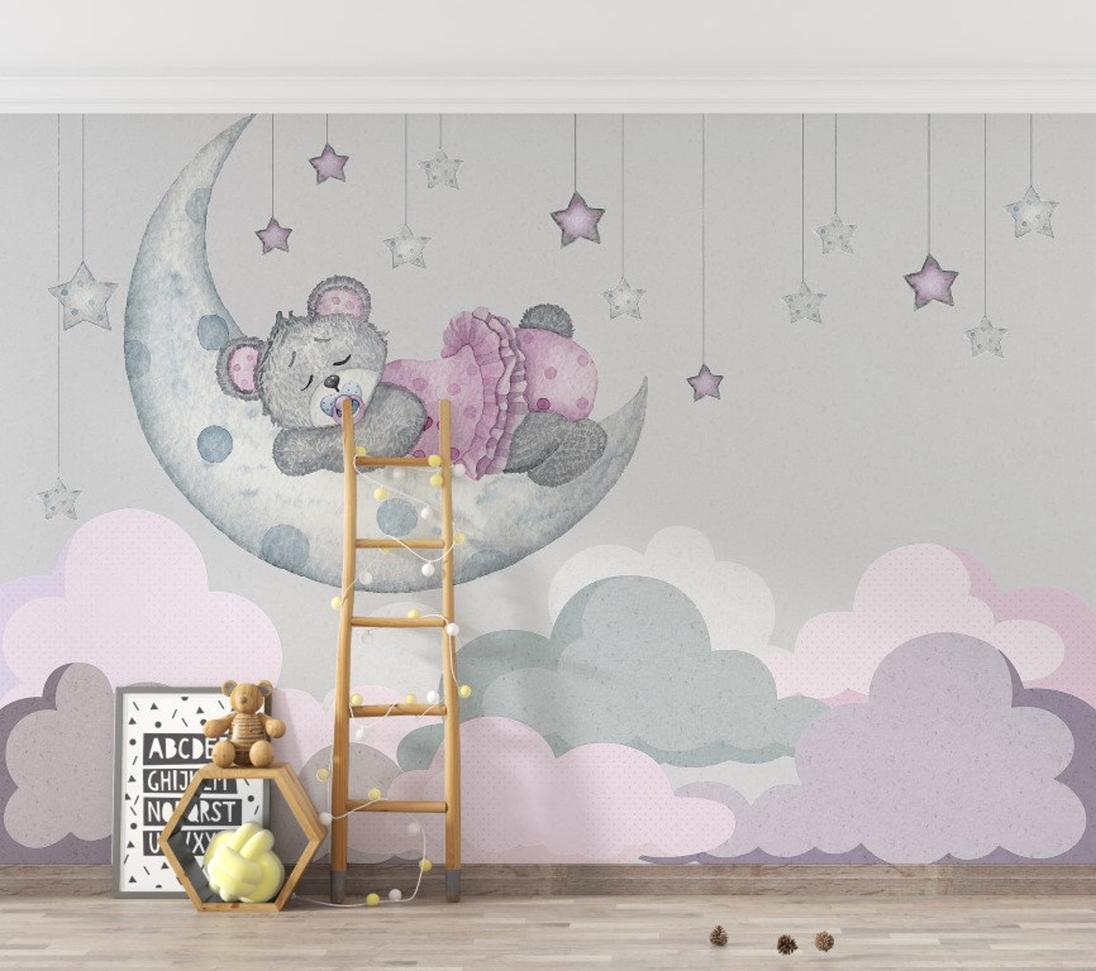 Clouds Wallpaper Moon Wall Mural Bear Peel and Stick Kids Room Wall Art ...