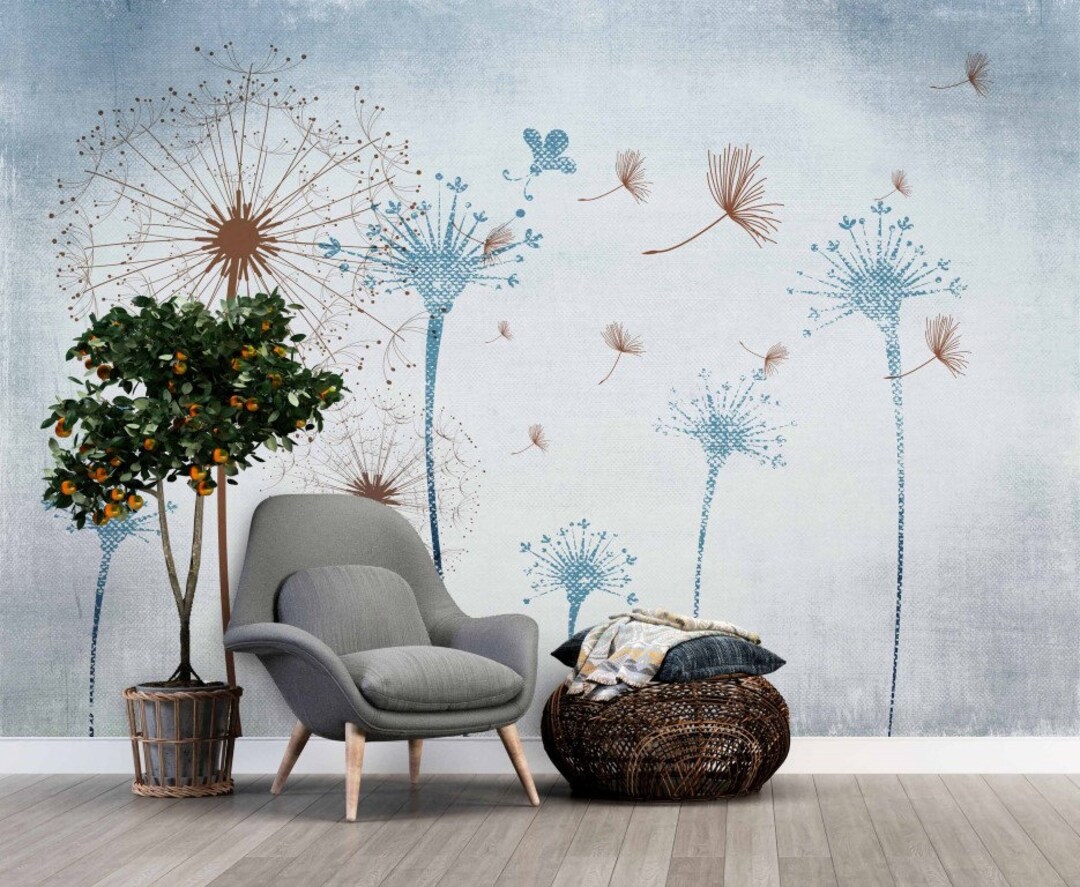 Dandelion Wallpaper / Blue Wallpaper / Floral Wallpaper / Peel & Stick
