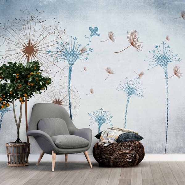 Dandelion Wallpaper / Blue Wallpaper / Floral Wallpaper /  Peel & Stick Wallpaper / Removable Wallpaper / Wall Decor