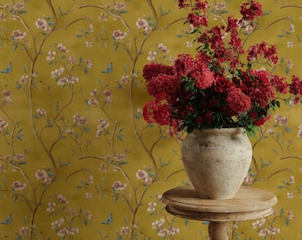 Chinoiserie Blossom Wallpaper Yellow Removable Peel And Stick Floral Wall Double Roll