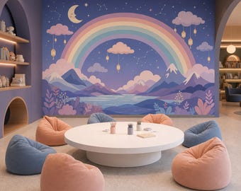 Regenboogbehang met nachtelijke hemel voor kinderkamer