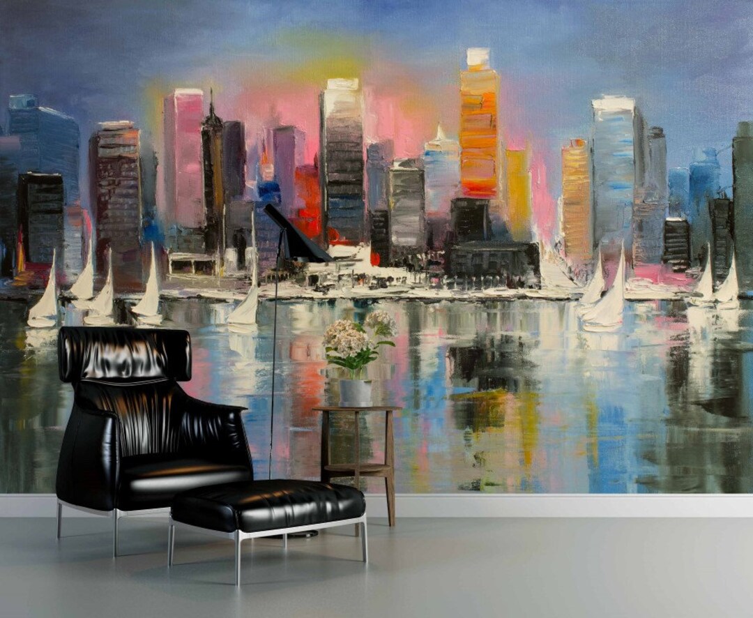 水彩画の高層ビルの壁紙 / アート壁紙 / 都市壁紙 / 多色壁紙 / 粘着