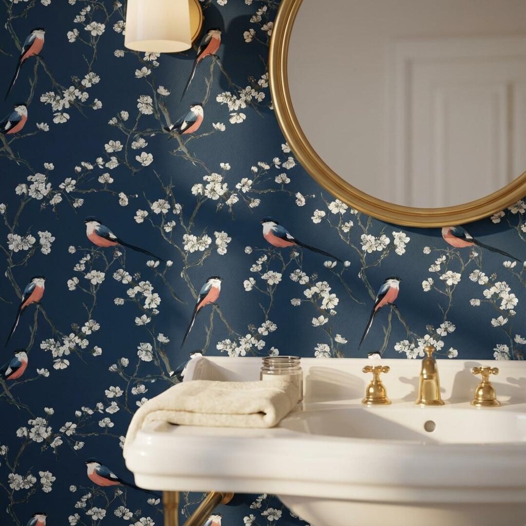 Floral Wallpaper Birds Removable Peel and Stick Navy Wall Double Roll ...