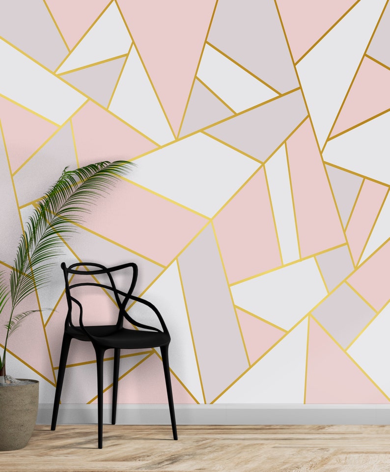 Carta da parati rosa / Carta da parati con forme geometriche / Carta da parati trapezoidale / Carta da parati adesiva / Carta da parati staccabile e adesiva / Carta da parati rimovibile immagine 1