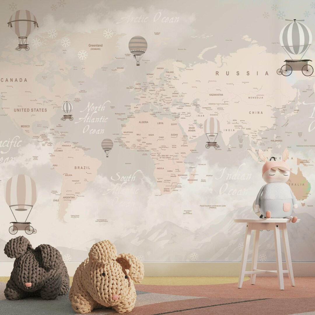 World Map Wallpaper Kids Peel and Stick Nursery Wall Mural Abstract ...