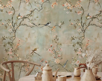 Carta da parati con fiori di ciliegio, uccelli e fiori cinesi, sfondo pastello morbido, elegante murale botanico
