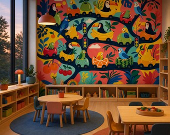 Vogelautoparade-achtergrond voor kinderen - Speelse fruitscène