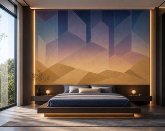 Geometrisch behang voor de slaapkamer met blauwbeige kleurblokken.