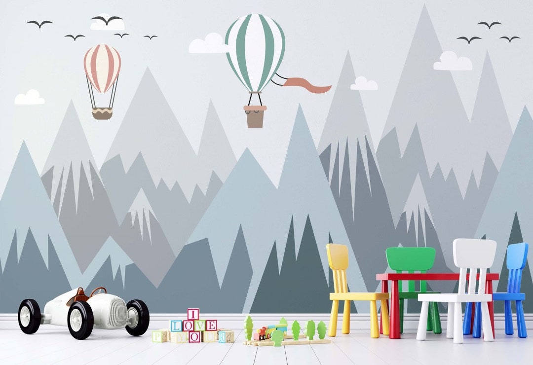 Snowy Mountain Wallpaper Kids Wall Mural Air Balloons Peel and Stick ...